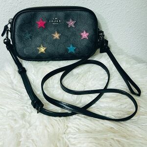 COACH 2019 Double Zip Black Monogram Leather Crossbody with Multicolor Stars